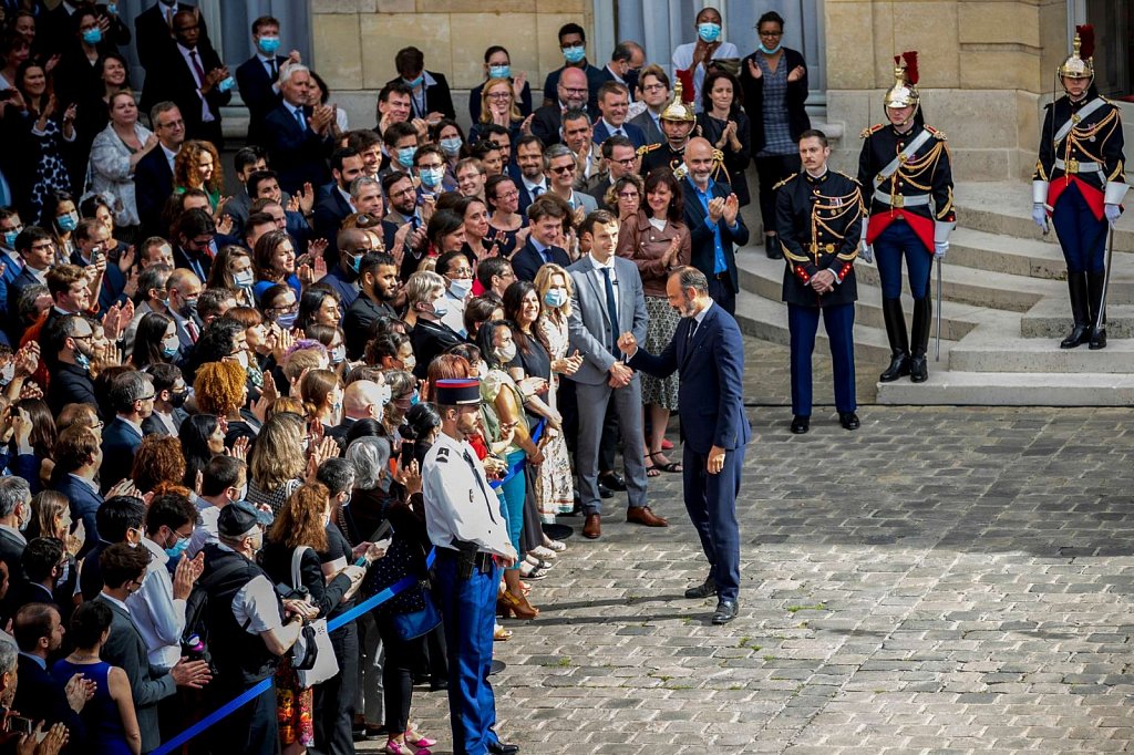 Passation de pouvoir entre Edouard Philippe, ancien premier ministre et Jean Castex, premier ministre à l'Hôtel de Matignon le 3 juillet 2020.